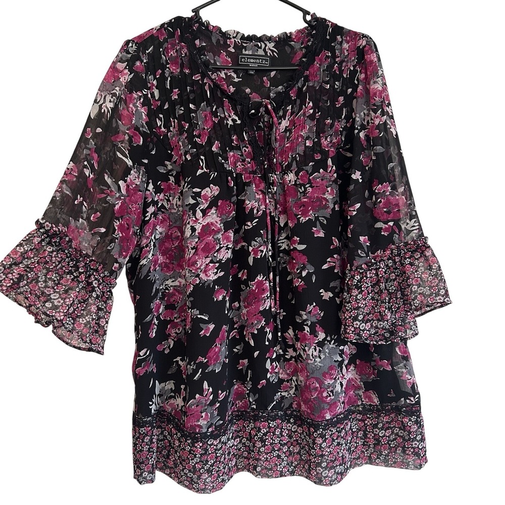Elementz Dark Floral Sheer Blouse Sz 1X Romantic Ruffle Bell Sleeve Romantic